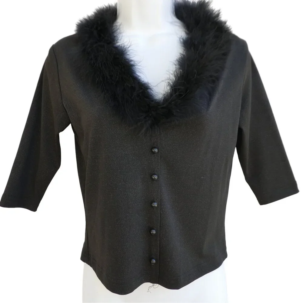 Vintage Via 101 Charcoal Cardigan Feather Boa V-Neck Trim Metallic Stretch USA M